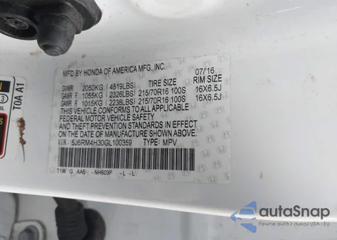 2016 Honda Cr-V Lx z USA, uszkodzony, nr VIN 5J6RM4H30GL100359